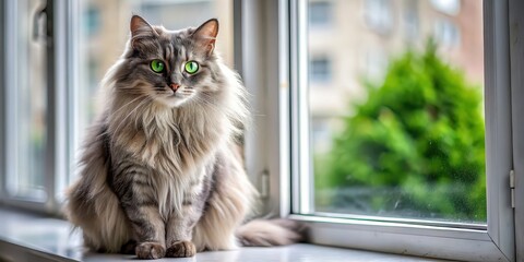 Sticker - A fluffy gray cat with piercing green eyes sitting gracefully on a windowsill , feline, domestic animal, pet, furry, whiskers