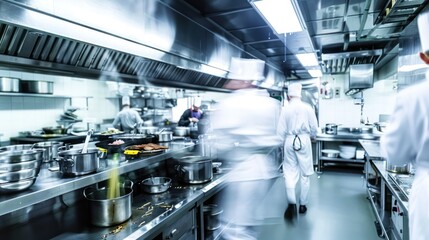 Wall Mural - Busy commercial kitchen with chefs and cooking equipment. 