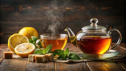 Poster - Still life composition with a cup of tea, teapot, sugar cubes, lemon slices, and tea leaves, still life, tea, teapot, cup, sugar