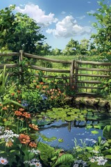 Sticker - Intricate details adorn every element of the illustration, from the weathered wooden fence enclosing a garden blooming with vegetables and herbs, to the soft ripples on a pond reflecting 