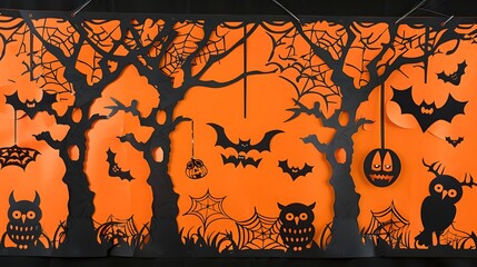 Happy Halloween banner or party invitation background with clouds, bats and pumpkins in paper cut style. Vector illustration. Full moon in orange sky, spiders web and witch cauldron. Place for text