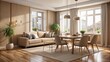 © Sujid - Beige living room interior with dining table, cozy seating area, and large window , beige, home, living room
