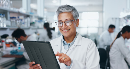 Poster - Science, smile and tablet with woman in laboratory for discovery, innovation or pharmaceutical research. Breakthrough, investigation and medicine with mature scientist reading info for development