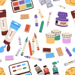 Poster - Art supplies, seamless pattern. Endless print, drawing tools, paint bottles, pencils, palette, artistic stationery, oil tubes. Artist accessories background. Flat vector illustration for wrapping