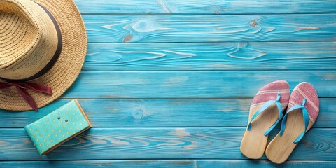 Wall Mural - Summer accessories including a hat, flip flops, and a book placed on a blue wooden table, summer, accessories, hat