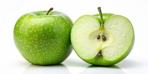 Poster - Ripe green apple cut in half, showing juicy interior , green, apple, ripe, fresh, fruit, healthy, organic, natural, cut, sliced