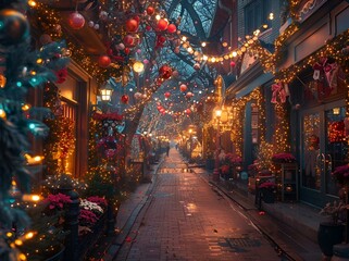  a city street covered in christmas lights and decorations.