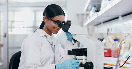 Poster - Medical, test and woman with microscope, science and check experiment for cancer treatment. Person, scientist and employee with lab equipment, breakthrough and cure development with dna and bacteria