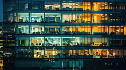 Canvas Print - Night view of an illuminated office building with city lights. 