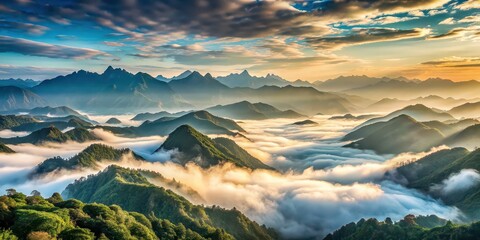 Sticker - Pattern of mountains and clouds in a serene landscape, mountains, clouds, sky, nature, peaceful, scenic, outdoor