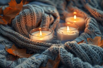 Wall Mural - Warm, cozy scene featuring lit candles nestled in a soft knitted blanket surrounded by autumn leaves