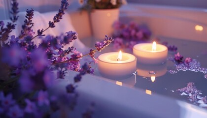 Tranquil spa scene with floating candles and lavender flowers, creating a serene ambiance for relaxation and stress relief.