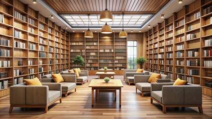 Canvas Print - Interior of a library with rows of bookshelves, reading tables, and cozy seating areas, library, books, bookshelves