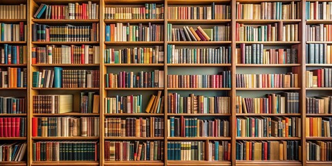 Poster - A close-up photo of a variety of books on shelves in a library, education, knowledge, reading, literature, school