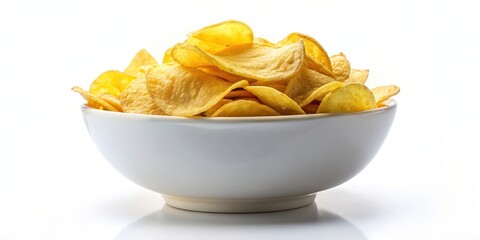 Canvas Print - Side view of a snack bowl of potato chips party food, crispy nibbles isolated on background , potato chips, snack, bowl