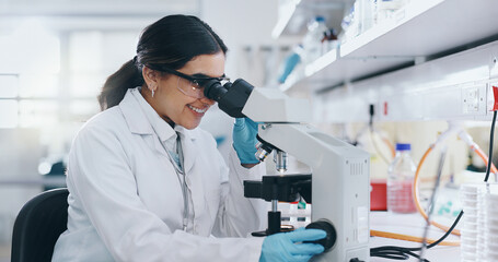 Poster - Laboratory, research and woman with microscope, science and check experiment with breakthrough. Person, scientist and employee with lab equipment, testing and biotech for DNA sample and bacteria
