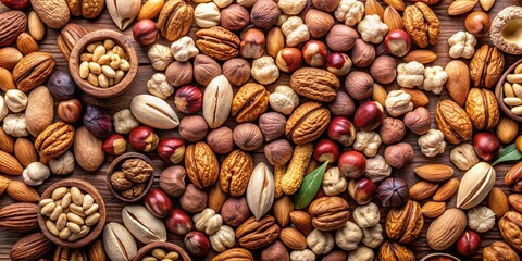 Poster - A composition of assorted nuts in their shells, providing a mix of nutrition and natural snacks, healthy, nuts, assortment, shells