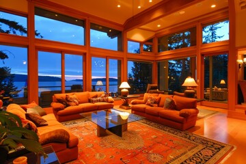 Poster - Elegant living space with cozy seating and large windows showcasing a stunning ocean sunset