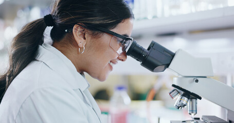 Wall Mural - Medical, research and woman with microscope, biotech and check experiment for cancer treatment. Person, science and employee in lab, vaccine and sample for forensic particles, bacteria and DNA study