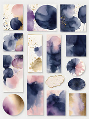 Wall Mural - Arrangements. Navy indigo, blush, purple, ivory, beige watercolor Illustration and gold elements, on white background. Abstract modern print set. Poster. Business card.