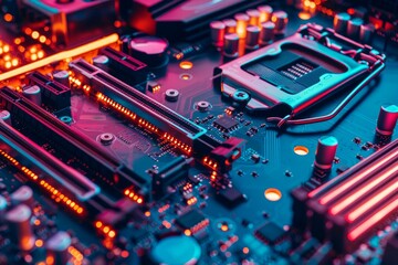 Poster - Closeup of a hightech motherboard bathed in vibrant neon blue and red lights