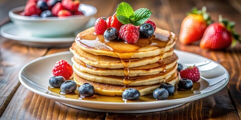 Wall Mural - Close-up of a plate of fluffy pancakes with fresh berries and maple syrup at a cafe, pancakes, fluffy, plate, fresh