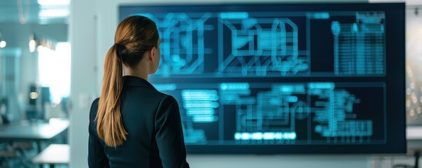 Wall Mural - Businesswoman analyzing data on large screens in a modern office setting, focusing on blue interface graphics and technology insights.