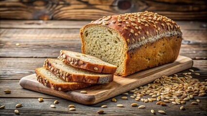 Poster - Wholemeal wheat bread with grains and seeds sliced on wooden table, wholemeal, wheat bread, integral, grains, seeds, sliced