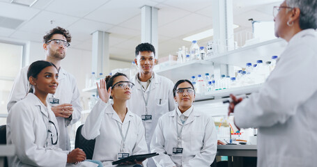 Poster - Science, lab and students with question for professor, biotechnology research and pharma education. Learning, group and people in class with mentor for development, scientist training with diversity