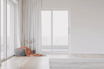 Empty property room in warm and neutral colors with a large window providing natural lighting and minimalist furniture. Real Estate conceptual composition with copy space.