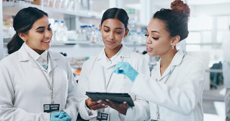Poster - Medical, science and women with tablet, research and teamwork for sample testing, dna analysis and app. People, scientist and group with biotech, internet and collaboration with breakthrough for cure