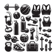 © MSTMIM - fitness icon set. workout or exercise equipment icons. Solid icons vector collection.