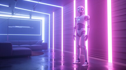A robot stands in a room with neon lights