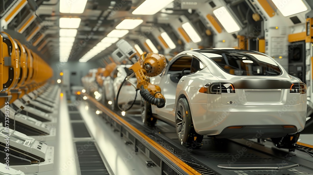 Car Manufacturing Robots Assembling Vehicles on an Assembly Line with ...