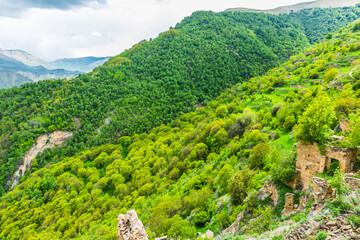 Ruins of the Caucasian mountain village of Gamsutl in Dagestan, Russia