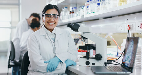 Poster - Portrait, science and happy woman on laptop in lab to research chemistry, test or innovation. Microscope, scientist and face of medical doctor in goggles for microbiology, healthcare or pharma study