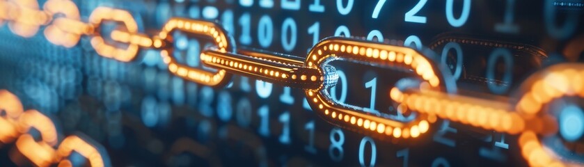 Close-up of a digital blockchain network with golden chains and binary code, representing data security and online transactions.
