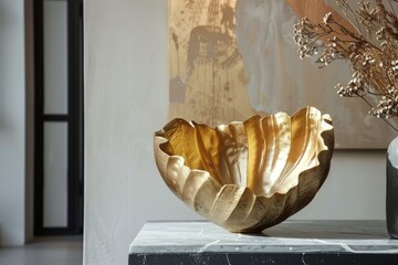 Canvas Print - Luxurious gold leafshaped bowl rests on a white marble table, adding sophistication to interior decor