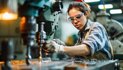 Wall Mural - In a factory setting, a woman is efficiently operating a machine for manufacturing products