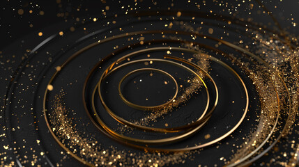 Wall Mural - Abstract black background with golden circles and sparkles. 3d rendering