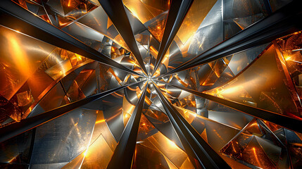 Poster - Elegant golden and black abstract background with minimal mirrored symmetry captivating kaleidoscopic reflected patterns dynamic abstract geometric compositions