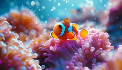 Wall Mural - Vibrant sea anemone and clownfish, underwater marvel, summer diving travel adventure