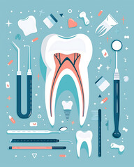 Sticker - Dentist theme banner, flat lay dentistry things and items