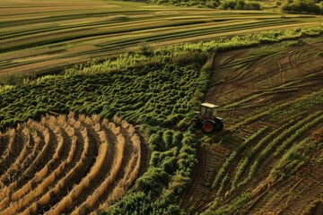 Poster - Tractor amid diverse, rich crops during the warm light of the golden hour