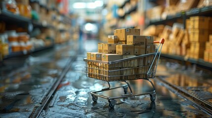 Shopping cart with boxes in warehouse.