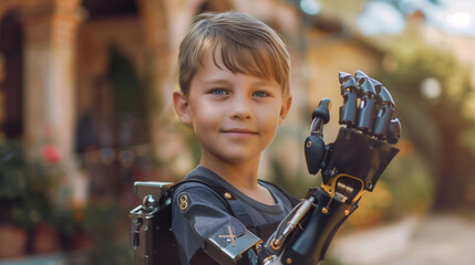 Proud little kid showing his prosthetic bionic arm