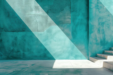 Poster - Abstract background with turquoise and teal colors, geometric shapes, texture of a concrete wall, sunlight, shadows, vector illustration in the style of banner design, copy space concept


