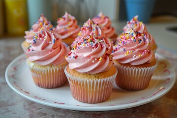 Sticker - Delicious set of freshly baked cupcakes with pink frosting and colorful sprinkles on a white plate