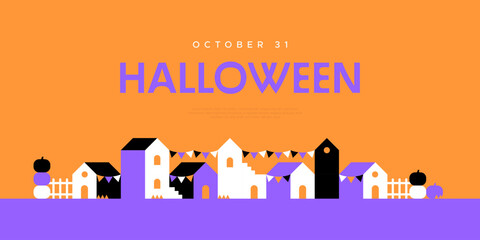 Wall Mural - Happy halloween geometric mosaic web banner illustration. Modern flat october holiday cartoon house background, fun trick or treat party online invitation. Spooky internet event template. 