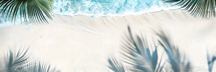 Poster - white sand beach with blue water wave and palm leaf shadow from above, beautiful empty abstract idyllic summer vacation frame background with copy space